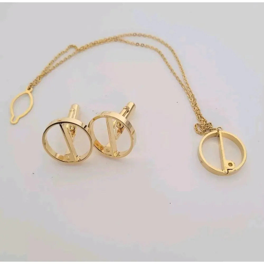 Dunhill Cufflinks Tie Chain Set Gold Tone Logo Round Logo Vintage
